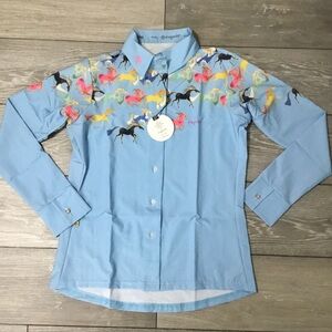 NWT ESPOIR Colorful Running Horses Technical Performance Button Down Shirt M